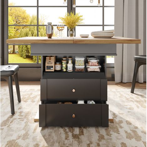 Mesa de comedor extensible 110-140x80x75 cm negra y natural en MDF con almacenaje y cierre suave (1/4)