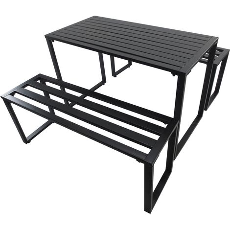 Outdoor Möbelset Festgarnitur 3-Tlg. Sitzgruppe Gartengarnitur 1 X Tisch 2 X Sitzbank Metall Schwarz 110 X 55 X 70 Cm