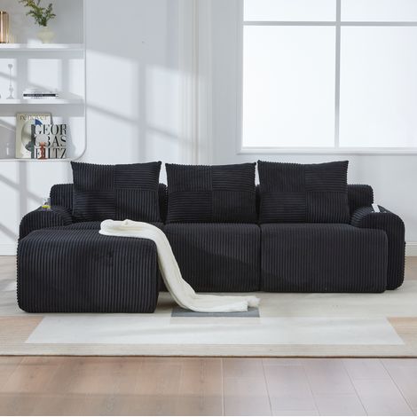 Sofa aus Cord, Schwarz, 268x174x80 cm, modularer 3-Sitzer mit Hocker, Cupholder und seitlicher Aufbewahrungstasche (1/5)