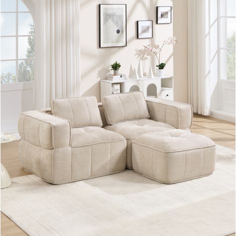 Divano angolare modulare a 2 posti con pouf, 198 x 162 x 67 cm, beige DESVIAE (1/5)