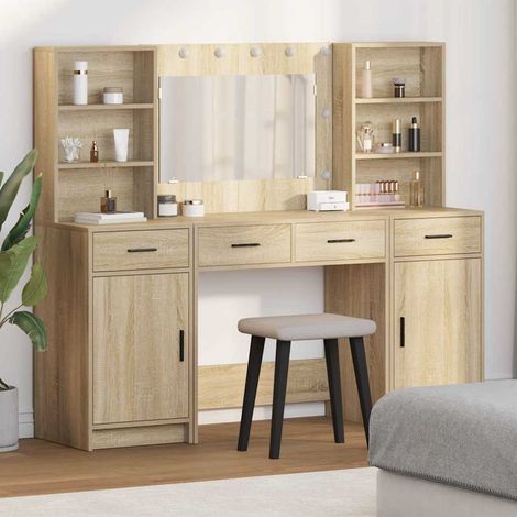 Schminktischset mit LED 3 pcs Sonoma-Eiche Holzwerkstoff