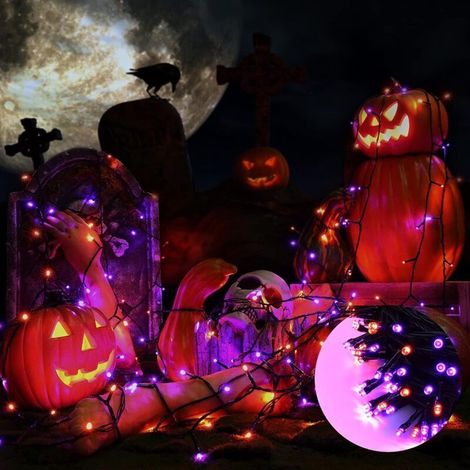 Decorazione di Halloween per esterni, catena luminosa impermeabile da 22 metri, 200 LED, arancione e viola, perfetta per giardini, tende, balconi o feste. (1/4)