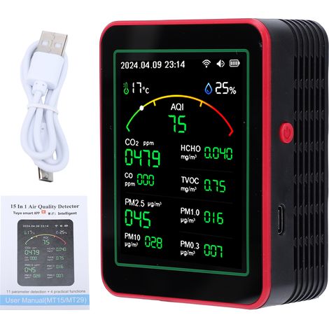 Moniteur de qualité de l'air 15 en 1 CO2 CO HCHO TVOC PM Détecteur de température et d'humidité intelligent WiFi TY APP Control Testeur multifonction pour intérieur, maison, bureau, hôtel, camping-car (1/5)