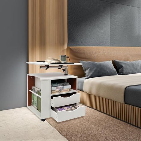 Nachtschränkchen,Funktioneller drehbarer Nachttisch, Nachttisch mit Schublade Tisch,Hubtisch,Nachttisch Heim Multifunktions Hubtisch Verstellbarer Drehbarer Nachttisch mit Schubladen Rollen