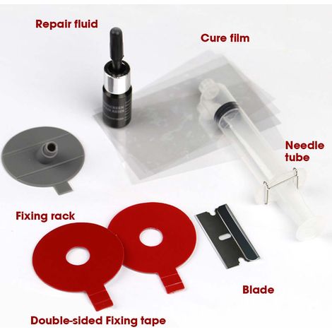Kit de réparation de pare-brise voiture, outil pour vitre fissurée, compatible étoile, demi-lune et fissures combinées, set complet. (1/4)