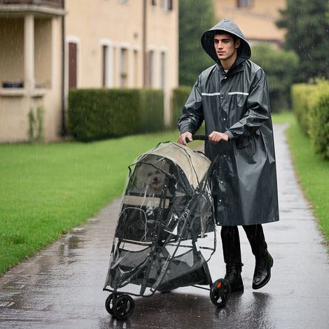 Poussette pour Petits Chiens Pliable à 3 Roues avec Housse de Pluie et Panier, Kaki (1/5)