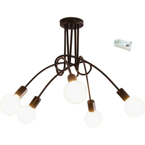 Ortviai Lustre industriel en fer forgé noir pour salon, chambre, bureau – 5 bras, ampoules 3 couleurs incluses (1/5)
