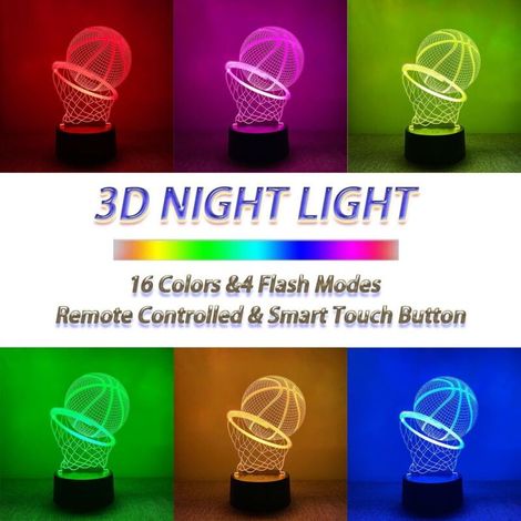 Lampada notturna a forma di pallone da basket, lampada 3D a forma di pallone da basket, lampada notturna 3D per bambini, lampada notturna a 16 colori con telecomando, regalo a sorpresa per bambini (1/4)