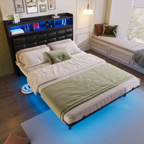 Doppelbett mit Lattenrost und Kopfteil, mit 2 ausziehbaren Nachttischen, mit Ablagefächern, mit Handyladefunktion (TYPE C Schnittstelle und USB), mit LED (1/5)