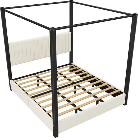 Cama con dosel tapizada 180 x 200 cm en MDF, metal y terciopelo, beige y negro (1/5)