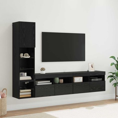 TV-Wandmöbel mit LED 4 pcs Schwarz Eichen-Optik Holzwerkstoff