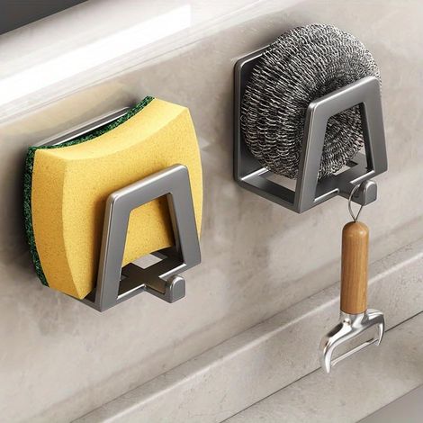 Porte-éponge Porte-savon Mural Gris Auto-adhésif Acier Carbone Résistant, Organisateur Évier Avec Crochets Drainage (1/5)