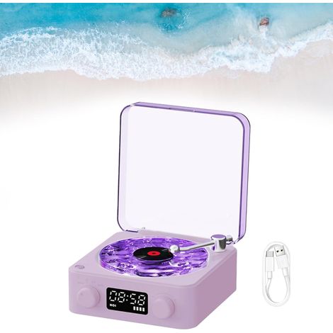 Disque vinyle, lecteur horloge, enceinte Bluetooth, enceinte portable rétro en vinyle, lumière et heure réglables, violet (1/5)