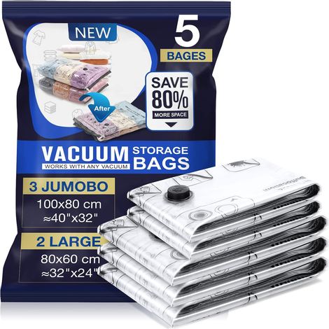 Sac Sous Vide Vetement Aspirateur 5 Pièces 3XL 100X80cm 2L 80x60cm Housse de Rangement Sous Vide Place Gagnée Sac Sous Vide Couette Stockez Vêtements la Literie et les Bagages (1/5)