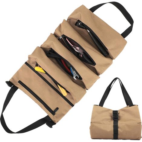 (Kaki)Sac à Outils Enroulable en Toile  Trousse à Outils avec 5 Poches Zippées  Pour Électriciens, Plombiers, Charpentiers, Ménage, Voitures et Motos
