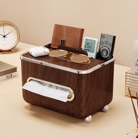 Boîte à mouchoirs rectangulaire avec compartiment de rangement, support multifonction pour télécommande, organiseur de bureau pour salon, chambre, bureau (1/2)
