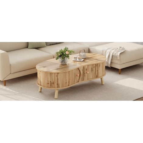 Table basse en forme de haricot à finition rainurée, 2 portes coulissantes, table de salon, finition effet bois, pieds en bois massif, matériau MDF.