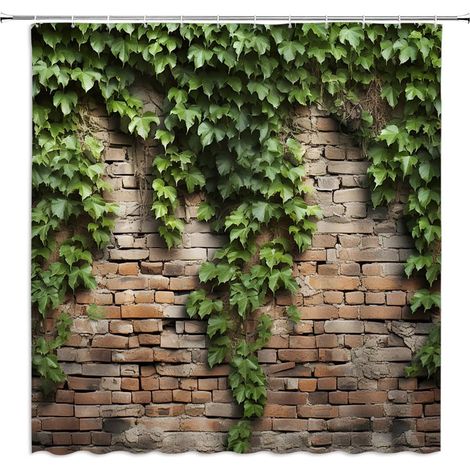 Rideau de Douche Motif Feuilles Vertes Mur de Brique Jardin Paysage Nature Plante Rustique Campagne Rouge Marron Mur de Pierre créative décoration de Salle de Bain Rideaux en Tissu avec (1/5)