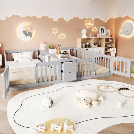 Cama infantil doble moderna 2x90x200 cm de madera gris, con barandillas altas, 2 cajones y estantería central (1/5)