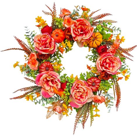 Couronne D Automne - Couronne De Porte 45 Cm Avec Citrouilles Et Pivoines - Decoration Pour Halloween Et Recolte - Usage Interieur Et Exterieur - 1 Unite (1/2)