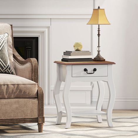 Blanc et chêne - Table de chevet de la chambre avec tiroir et étagère ouverte de style français, 45x35x55 cm
