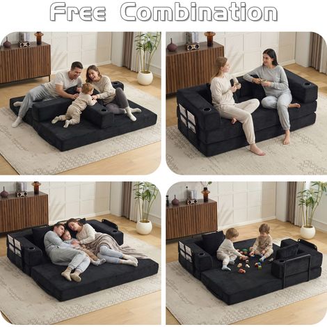 Canapé de sol convertible avec dossier et accoudoirs, canapé-lit confortable avec porte-gobelet et poche latérale, tissu velours côtelé, noir, pour salon et chambre. (1/5)