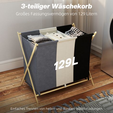 Panier de rangement linge sale 3 compartiments 129L pliable multicolore pour buanderie chambre