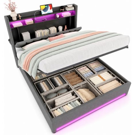 Lit coffre 160 x 200 cm en velours gris foncé, tête de lit relevable avec étagère, LED, ports USB et Type-C, sommier à vérins, rangement malin – CHICFURN (1/5)