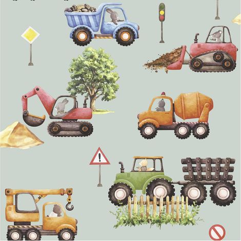 Construction Vehicles Wallpaper Mint Multicoloured Kids Bedroom Paste The Wall (1/4)