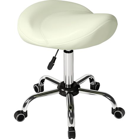 Höhenverstellbarer Sattelhocker mit Rollen aus Kunstleder für Massage, Spa, Klinik, Kosmetikstudio und Tattoo-Studio, cremeweiß