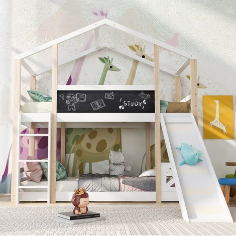 DESVIAE Lit superposé enfant cabane avec toboggan et échelle 90 x 200 cm tableau ardoise bois massif blanc (1/5)