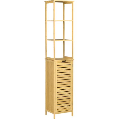 Armario alto de baño de bambú 34 x 30 x 173 cm con 3 estantes abiertos y 1 armario (1/5)