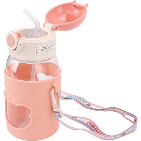 Tragbare, auslaufsichere Trinkflasche mit Strohhalm und Aufkleber für Zuhause und Picknick, Rosa (1/5)
