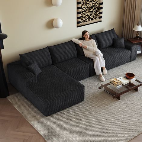 Canapé d'angle en L 340cm,canapé modulaire en velours côtelé, avec chaiselongue,canapé 4 place compression,assise profonde,noir
