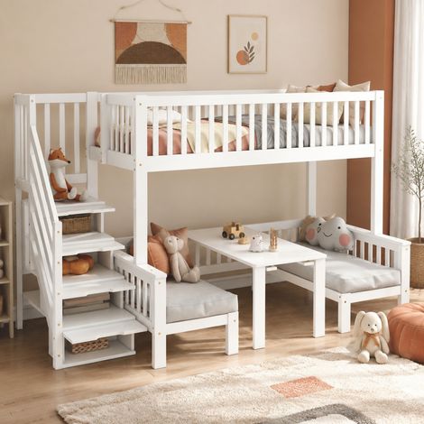 DESMIU Lit superposé 2 places avec escalier de rangement, bureau rabattable et barrière, 90 × 200 et 120 × 200 cm, sans matelas (1/5)