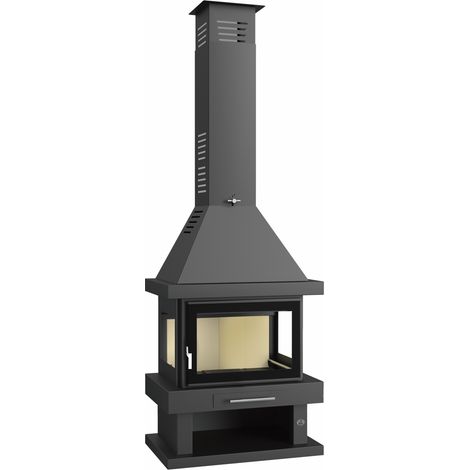 Cheminée à bois 3 faces vitrées – Puissance 14kW – Verre sérigrafié – Double combustion – Raccordement fumée Ø250 mm dessus – FM (1/3)