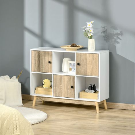 Wohnzimmer-Sideboard, 9-Würfel-Aufbewahrungseinheit mit 3 Türen und 3 offenen Fächern, Kiefernholzbeine, moderner Stil, geeignet für Esszimmer, Küche und Wohnzimmer, 96 x 30 x 75 cm, weiß, natur