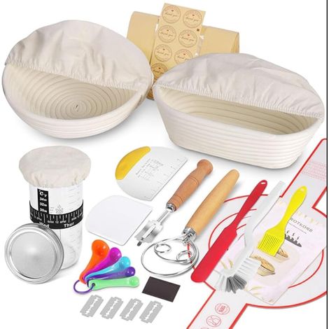 Banneton Pour Pain Kit Boulangerie Levain Corbeille a Pain en Rotin Naturel Rond et Ovale Panier Fermentation set Adapté aux DéButants (1/5)
