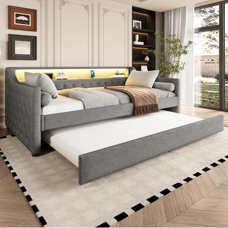 Letto bambini 90x200 cm con letto aggiuntivo 90x190 cm, divano letto, illuminazione LED, porta USB, in lino, rete a doghe, senza materasso, grigio (1/5)