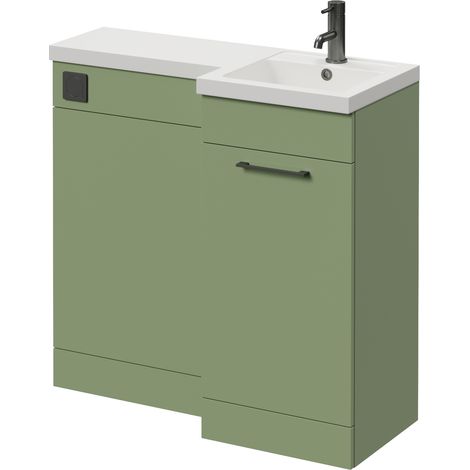 Napoli 390 Olive Green 900mm Single Door Vanity Unit Toilet Suite with Right Hand Square Lucia Basin - 900mm - Gunmetal Grey 160mm HandleWithout Kingston Toilet Pan