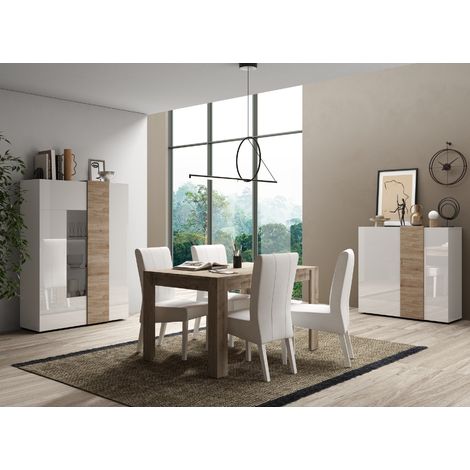 Salle à manger complète moderne 6 places bois et blanc – Buffet haut et vitrine 2 portes – Table 180cm – Ambiance chic et contemporaine (1/5)