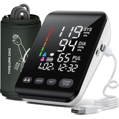 Tensiometre Bras, Tensiomètre Bras avec écran LED HD pour la Circonférence du bras 22-42 cm, peut Contenir 2 x 199 Utilisateurs, Câble de Charge de Batterie AA/Type-C (1/5)