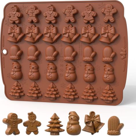 Stampo in silicone natalizio, confezione da 30 cavità, stampo per cioccolatini natalizi, stampo per caramelle, stampo per albero di Natale, pupazzo di neve, campana e guanto (1/3)