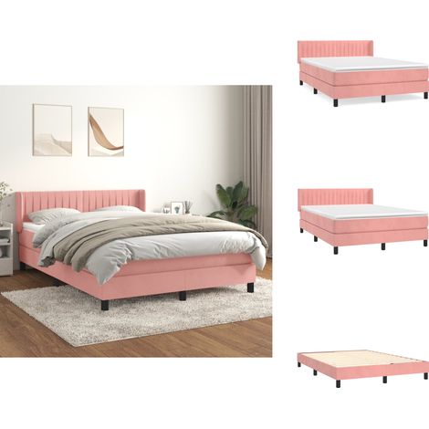 Sommier à lattes de lit avec matelas Rose 140x190 cm Velours - Lit Double - Lit Rose - Lit Velours - Matelas Ressorts Ensachés - Tête De Lit Ajustable (1/5)