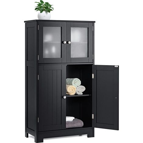 COSTWAY Bathroom Floor Cabinet Freestanding Storage Cupboard W/ 2 Tempered Glass Doors (1/5)