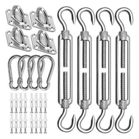 Kit Fixation Filet d'Ombrage 4 Coins M6 Acier Inox 304 Tendeur Croisillon Anneau Mousqueton Jardin Terrasse Balcon (1/5)