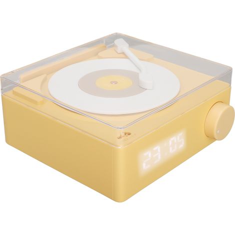 Réveil Bluetooth Vinyl Tournant - Haut-parleur Stéréo 360° avec Alarme - Design Rétro - Alimentation DC 5V/1A - Modèle Jaune