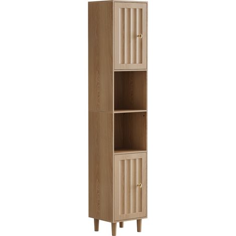 Mueble alto de baño estrecho de MDF acabado roble con puertas y estantes abiertos (1/5)