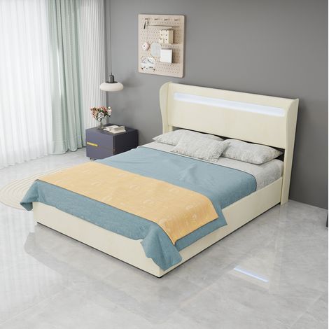 DESVIAE Lit rembourré avec éclairage LED tête de lit réglable 140 x 200 cm beige structure en métal et tissu style moderne (1/5)