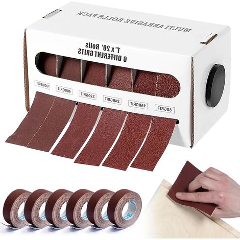 Lot de 6 rouleaux de papier abrasif - 2,5 cm x 6 m - Rouleau de papier émeri pour bois, 120, 240, 320, 400, 600, grain - Pour bois, métal, meubles (1/5)